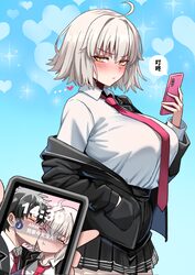 1boy 1girl ahoge bear boss black hair black jacket black skirt blush breasts cellphone cellphone photo closed eyes coll…