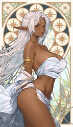 1girl absurdres armlet bare shoulders breasts brown eyes cleavage collarbone commentary dark-skinned female dark elf da…