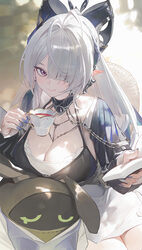 1girl absurdres bangboo (zenless zone zero) blue nails book breasts cleavage closed mouth commentary cup dress eyes vis…