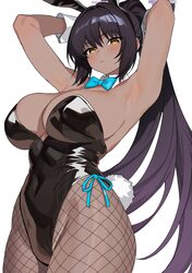 1girl animal ears aqua bow aqua bowtie armpits arms up bare arms bare shoulders black hair black hairband black leotard…