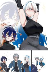 1boy 2girls 3koma armpits arms up belle (zenless zone zero) black shirt blue eyes blue hair blush breasts closed mouth …