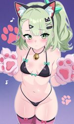 1girl  c animal ear hairband animal ears animal hands aqua bow asymmetrical bangs bare shoulders bell bikini black biki…