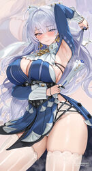 1girl armpits blue dress blush breasts cleavage commentary request dress earrings grey hair highres jewelry large breas…