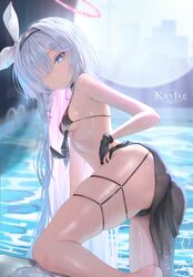 1girl ass bikini black bikini black gloves blue archive blue eyes braid breasts colored inner hair english commentary f…