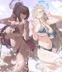 2girls alternate costume asuna (blue archive) bare shoulders bikini black bikini black hair blonde hair blue archive bl…