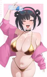 1girl absurdres adapted costume bikini black choker black hair blush bottle breasts choker cleavage collarbone commenta…