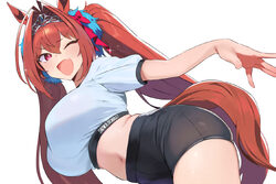 1girl  d absurdres animal ears black shorts blush bow breasts brown hair commentary request d daiwa scarlet (umamusume)…
