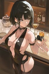 1girl absurdres alternate costume bar (place) black dress black eyes black garter belt black hair black thighhighs brea…