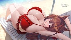 1girl  d animal ears armpits arms up beach bikini bow breasts brown hair chair commentary request commission daiwa scar…