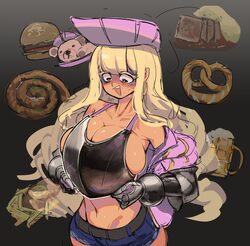 1girl alcohol armor beer beer mug blonde hair blush breastplate breasts burger centurii-chan chaperon hat collarbone co…