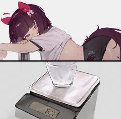 1girl 2koma animal ears black buruma blunt bangs blush buruma clothes lift comic commentary cup drinking glass gym unif…