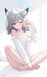 1girl absurdres alternate costume animal ear fluff animal ears barefoot blue archive blue eyes blue halo blush breasts …