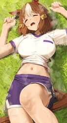 1girl animal ears belno light (umamusume) blush breasts brown hair closed eyes ear ribbon exhausted gym shirt gym unifo…