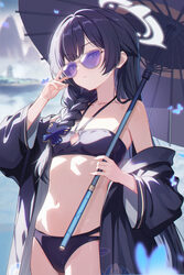 1girl absurdres adjusting eyewear bare shoulders bikini black bikini black hair black haori blue archive blurry blurry …