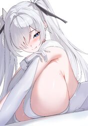 1girl absurdres blue eyes blush bodysuit breast rest breasts cinderella (nikke) commentary from side gloves goddess of …