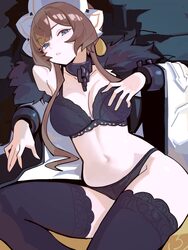 1girl absurdres black bra black panties black thighhighs blue eyes bra breasts brown hair coat commentary cuffs distr e…