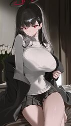 1girl absurdres black hair black halo black skirt blue archive bra visible through clothes breasts bright pupils closed…