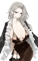 1girl alternate costume black garter straps black thighhighs breasts brown dress coat coat on shoulders dress garter st…