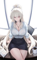 1girl absurdres black skirt bra visible through clothes breasts cleavage closed mouth coffee mug colored eyelashes comm…