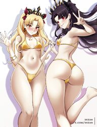 2girls armlet artist name ass bare shoulders bikini black hair black nails blonde hair blue nails blush bow bracelet br…