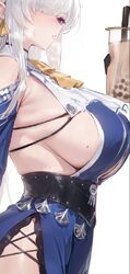1girl ascot blue dress breasts bubble tea commentary cup dress far side from side hair over one eye highres holding hol…