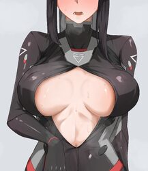 1girl absurdres black hair blue archive blush bodysuit breasts commentary english commentary eyes out of frame head out…