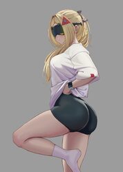 1girl absurdres alternate costume ass bike shorts blindfold mask blonde hair breasts commentary english commentary eye …