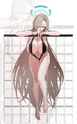 1girl absurdres against glass alternate costume anyak05 arm rest asuna (blue archive) asymmetrical bangs bare arms bare…
