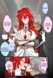 1boy 1girl absurdres asymmetrical gloves bonz0616 breasts caelus (honkai  star rail) commentary cup dress earrings engl…