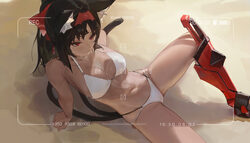 1girl alternate costume animal ear fluff animal ears arm support barcode barcode tattoo beach bikini black hair breasts…