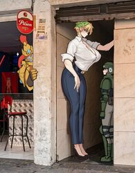 1girl 2boys adeptus astartes adeptus custodes astra militarum blonde hair blue eyes breasts building cleavage denim gen…