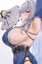 1girl absurdres arm up armpits artist name belt black belt blue dress blush breasts commentary cowboy shot detached sle…