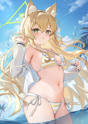 1girl alternate costume animal ear fluff animal ears bikini blonde hair blue archive blue sky blush bra breasts cleavag…