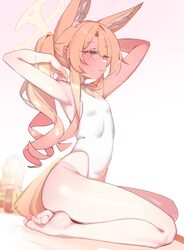 1girl absurdres animal ears armpits arms up bare arms barefoot blonde hair blue archive blush closed mouth commentary e…