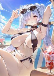 1girl absurdres armpits beach black slingshot swimsuit blue sky breasts cinderella (crystal wave) (nikke) cinderella (n…