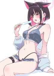 1girl absurdres animal ears bikini black choker black hair blue archive breasts cat ears cat girl choker colored inner …
