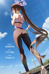 1girl absurdres ass black hair black leggings black pants blue archive blue sky blush bottle closed mouth commentary da…