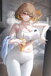 1girl alternate costume anis (nikke) anis (star) (nikke) blonde hair blurry blurry background breasts brown hair cleava…