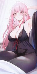 1girl absurdres arm behind head arm up armpits babydoll black babydoll black panties black pantyhose blunt bangs breast…
