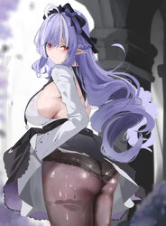 1girl absurdres ahoge alternate breast size (larger) ass black panties bow breasts brown pantyhose closed mouth comment…