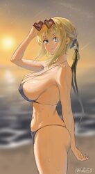 1girl absurdres alternate costume arm up ass beach bikini blonde hair blue bikini blue eyes breasts closed mouth collar…