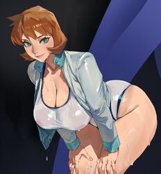 1girl alternate breast size (larger) bent over blue jacket blush breasts brown hair cleavage commentary cowboy shot cow…