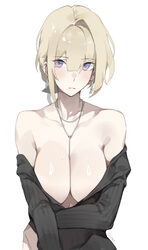 1girl absurdres bare shoulders blonde hair blush breasts collarbone commentary coteri english commentary evelyn chevali…