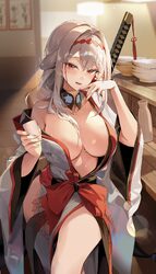 1girl absurdres bowl bowl stack breasts choko (cup) choyeon cleavage commentary request cup detached collar floral prin…