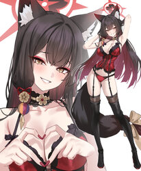 1girl absurdres alternate costume animal ear fluff animal ears armpits arms up bare shoulders black boots black hair bl…