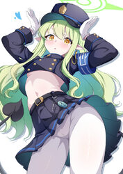 1girl  o absurdres armband arms up black hat black jacket black skirt black tail blue archive blue armband commentary r…