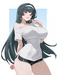 1girl absurdres arm behind back astra yao black shorts blunt bangs border breasts collarbone commentary covered navel e…
