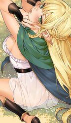 1girl absurdres ass blonde hair breasts cape commentary dress elf eltolinde (unicorn overlord) green cape green eyes hi…