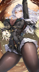 1girl arm up ass visible through thighs black pantyhose breasts closed mouth commentary request duplicate from below ha…