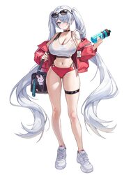 1girl absurdres bag bare legs bare shoulders belt black bra black choker blue eyes bra bra visible through clothes brea…